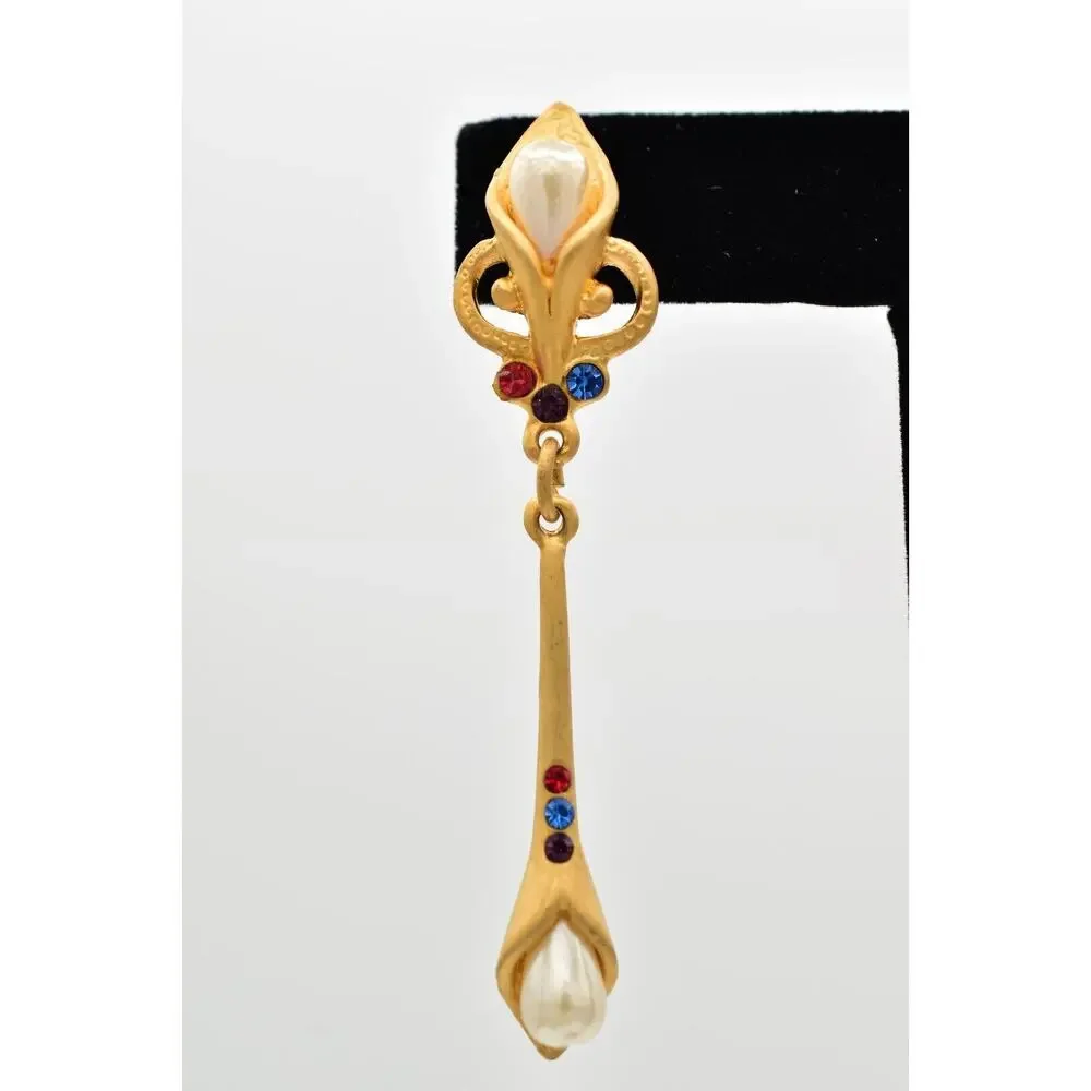 Vintage Pearl Crystal Dangle Earrings Drop Brushed Gold Matte NOS 1980s BinBK